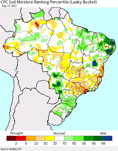 Brazil CPC Soil Moisture Ranking Percentile (Leaky Bucket) Thematic Map For 8/21/2022 - 8/25/2022