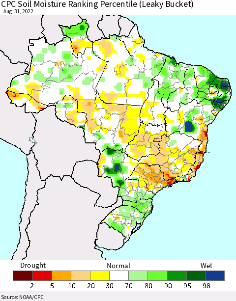 Brazil CPC Soil Moisture Ranking Percentile (Leaky Bucket) Thematic Map For 8/26/2022 - 8/31/2022