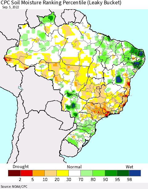 Brazil CPC Soil Moisture Ranking Percentile (Leaky Bucket) Thematic Map For 9/1/2022 - 9/5/2022