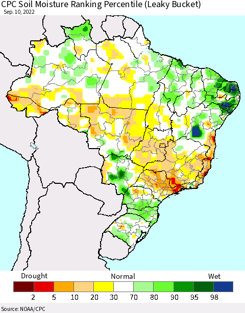 Brazil CPC Soil Moisture Ranking Percentile (Leaky Bucket) Thematic Map For 9/6/2022 - 9/10/2022