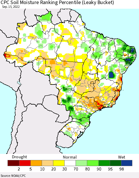 Brazil CPC Soil Moisture Ranking Percentile (Leaky Bucket) Thematic Map For 9/11/2022 - 9/15/2022