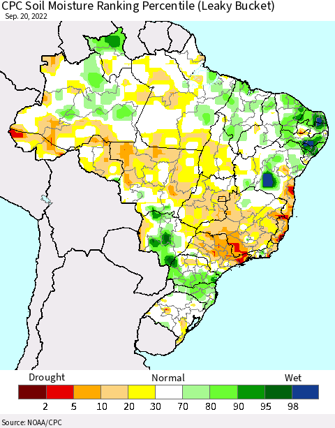 Brazil CPC Soil Moisture Ranking Percentile (Leaky Bucket) Thematic Map For 9/16/2022 - 9/20/2022