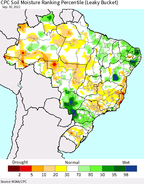 Brazil CPC Soil Moisture Ranking Percentile (Leaky Bucket) Thematic Map For 9/26/2022 - 9/30/2022