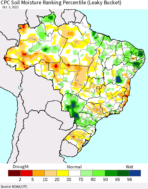 Brazil CPC Soil Moisture Ranking Percentile (Leaky Bucket) Thematic Map For 10/1/2022 - 10/5/2022