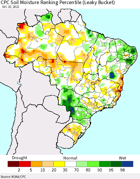 Brazil CPC Soil Moisture Ranking Percentile (Leaky Bucket) Thematic Map For 10/6/2022 - 10/10/2022