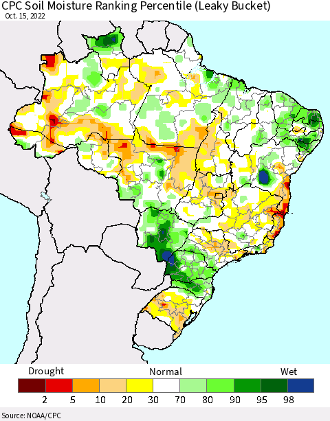 Brazil CPC Soil Moisture Ranking Percentile (Leaky Bucket) Thematic Map For 10/11/2022 - 10/15/2022