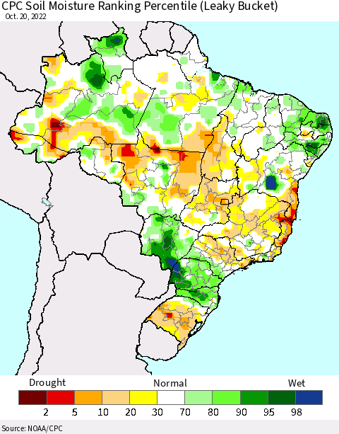 Brazil CPC Soil Moisture Ranking Percentile (Leaky Bucket) Thematic Map For 10/16/2022 - 10/20/2022