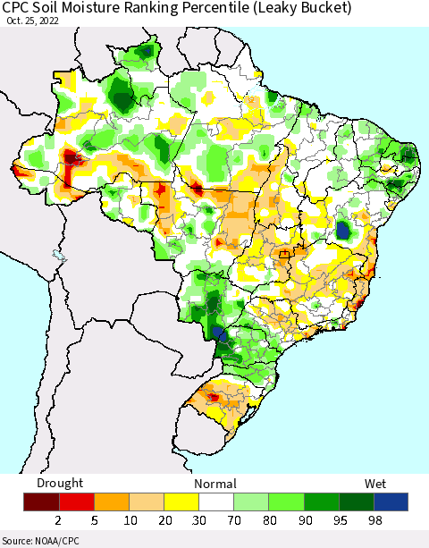Brazil CPC Soil Moisture Ranking Percentile (Leaky Bucket) Thematic Map For 10/21/2022 - 10/25/2022