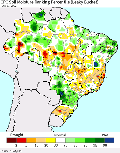 Brazil CPC Soil Moisture Ranking Percentile (Leaky Bucket) Thematic Map For 10/26/2022 - 10/31/2022