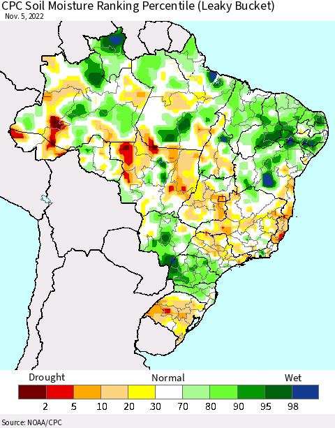 Brazil CPC Soil Moisture Ranking Percentile (Leaky Bucket) Thematic Map For 11/1/2022 - 11/5/2022