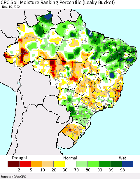 Brazil CPC Soil Moisture Ranking Percentile (Leaky Bucket) Thematic Map For 11/6/2022 - 11/10/2022