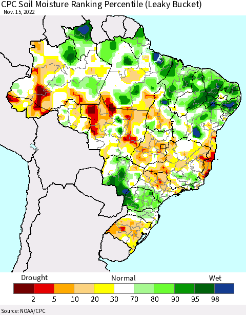 Brazil CPC Soil Moisture Ranking Percentile (Leaky Bucket) Thematic Map For 11/11/2022 - 11/15/2022