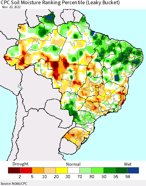 Brazil CPC Soil Moisture Ranking Percentile (Leaky Bucket) Thematic Map For 11/16/2022 - 11/20/2022