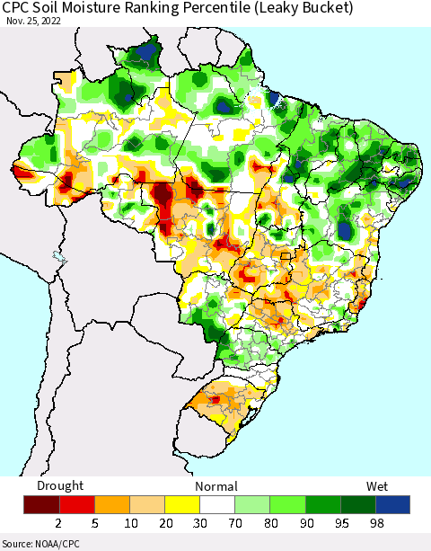 Brazil CPC Soil Moisture Ranking Percentile (Leaky Bucket) Thematic Map For 11/21/2022 - 11/25/2022