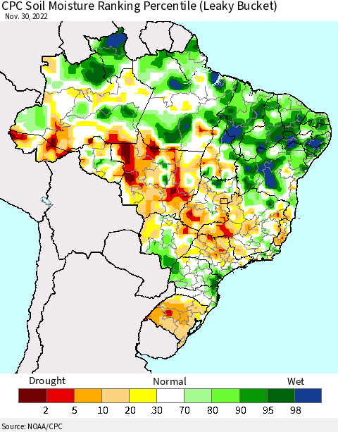 Brazil CPC Soil Moisture Ranking Percentile (Leaky Bucket) Thematic Map For 11/26/2022 - 11/30/2022