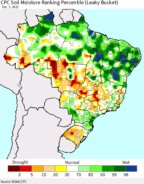Brazil CPC Soil Moisture Ranking Percentile (Leaky Bucket) Thematic Map For 12/1/2022 - 12/5/2022