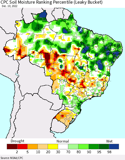 Brazil CPC Soil Moisture Ranking Percentile (Leaky Bucket) Thematic Map For 12/6/2022 - 12/10/2022