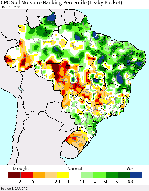 Brazil CPC Soil Moisture Ranking Percentile (Leaky Bucket) Thematic Map For 12/11/2022 - 12/15/2022