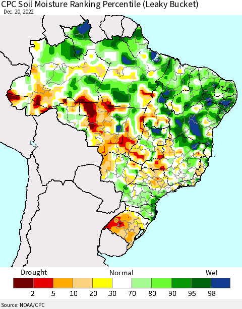 Brazil CPC Soil Moisture Ranking Percentile (Leaky Bucket) Thematic Map For 12/16/2022 - 12/20/2022