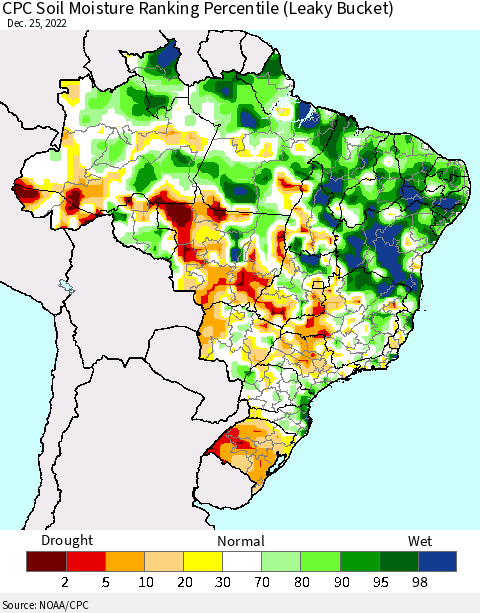 Brazil CPC Soil Moisture Ranking Percentile (Leaky Bucket) Thematic Map For 12/21/2022 - 12/25/2022