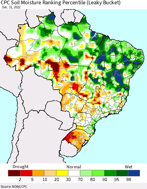 Brazil CPC Soil Moisture Ranking Percentile (Leaky Bucket) Thematic Map For 12/26/2022 - 12/31/2022