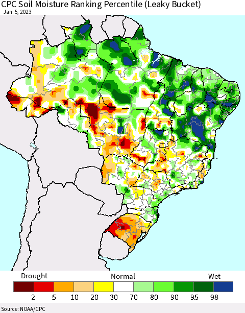 Brazil CPC Soil Moisture Ranking Percentile (Leaky Bucket) Thematic Map For 1/1/2023 - 1/5/2023