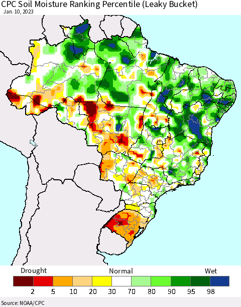 Brazil CPC Soil Moisture Ranking Percentile (Leaky Bucket) Thematic Map For 1/6/2023 - 1/10/2023