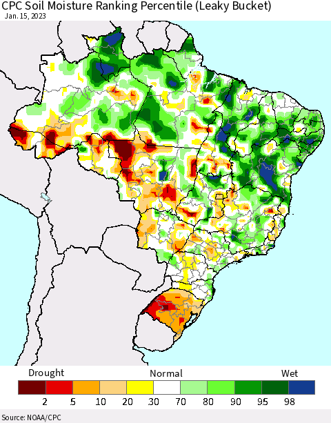 Brazil CPC Soil Moisture Ranking Percentile (Leaky Bucket) Thematic Map For 1/11/2023 - 1/15/2023