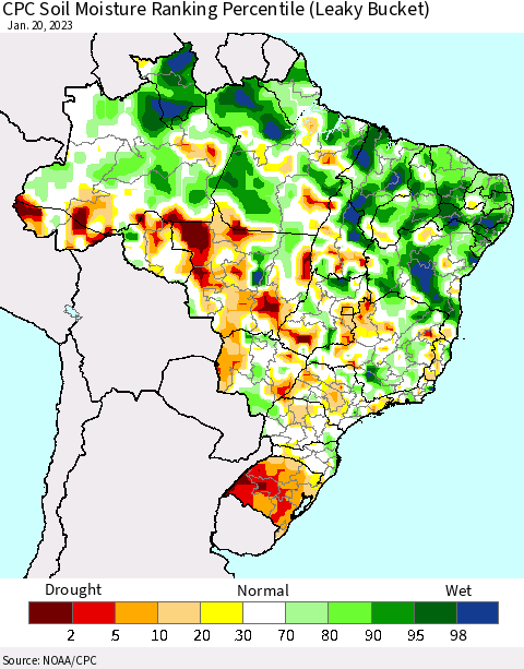 Brazil CPC Soil Moisture Ranking Percentile (Leaky Bucket) Thematic Map For 1/16/2023 - 1/20/2023