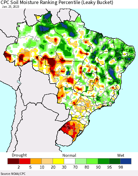 Brazil CPC Soil Moisture Ranking Percentile (Leaky Bucket) Thematic Map For 1/21/2023 - 1/25/2023