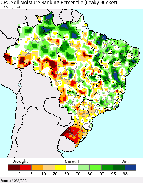 Brazil CPC Soil Moisture Ranking Percentile (Leaky Bucket) Thematic Map For 1/26/2023 - 1/31/2023