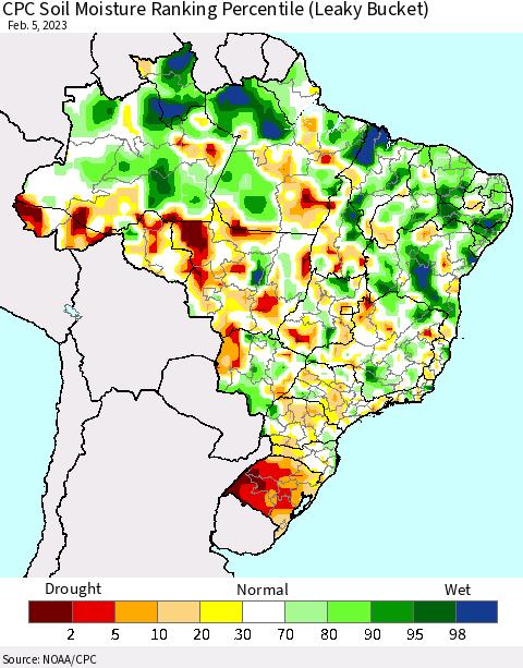 Brazil CPC Soil Moisture Ranking Percentile (Leaky Bucket) Thematic Map For 2/1/2023 - 2/5/2023