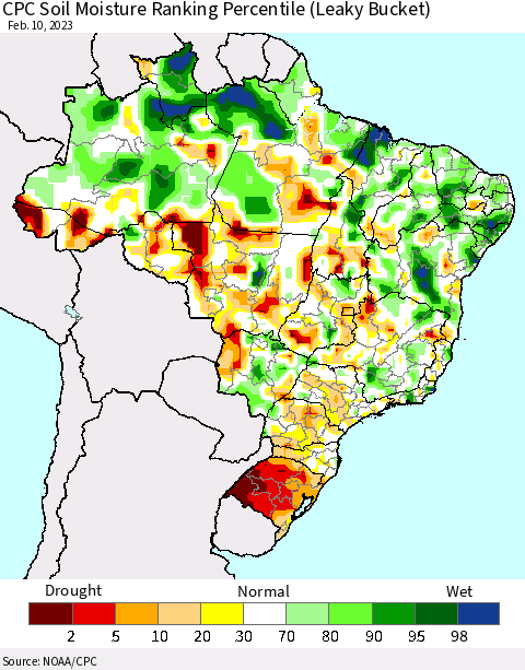 Brazil CPC Soil Moisture Ranking Percentile (Leaky Bucket) Thematic Map For 2/6/2023 - 2/10/2023