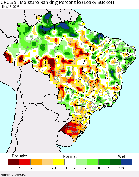 Brazil CPC Soil Moisture Ranking Percentile (Leaky Bucket) Thematic Map For 2/11/2023 - 2/15/2023