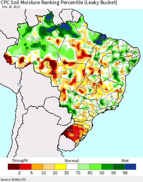 Brazil CPC Soil Moisture Ranking Percentile (Leaky Bucket) Thematic Map For 2/16/2023 - 2/20/2023