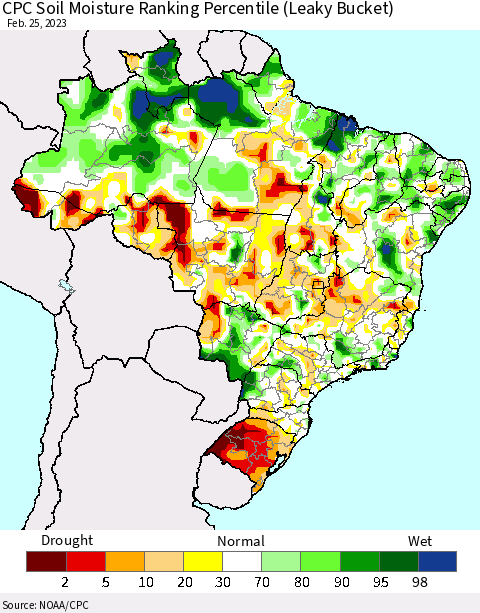 Brazil CPC Soil Moisture Ranking Percentile (Leaky Bucket) Thematic Map For 2/21/2023 - 2/25/2023