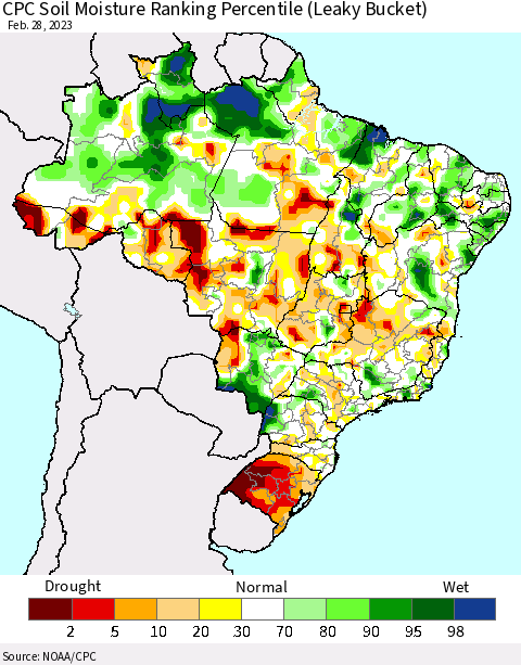 Brazil CPC Soil Moisture Ranking Percentile (Leaky Bucket) Thematic Map For 2/26/2023 - 2/28/2023