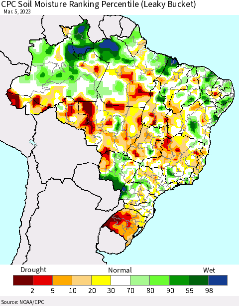 Brazil CPC Soil Moisture Ranking Percentile (Leaky Bucket) Thematic Map For 3/1/2023 - 3/5/2023