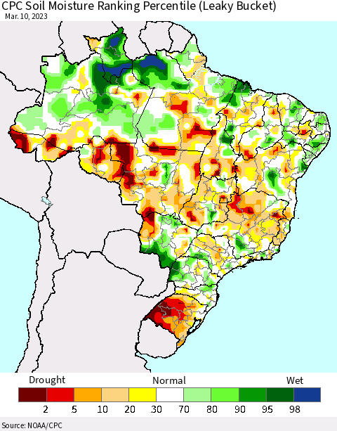 Brazil CPC Soil Moisture Ranking Percentile (Leaky Bucket) Thematic Map For 3/6/2023 - 3/10/2023