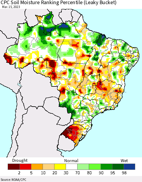 Brazil CPC Soil Moisture Ranking Percentile (Leaky Bucket) Thematic Map For 3/11/2023 - 3/15/2023
