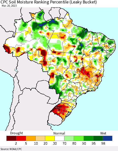 Brazil CPC Soil Moisture Ranking Percentile (Leaky Bucket) Thematic Map For 3/16/2023 - 3/20/2023
