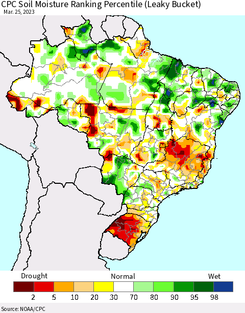 Brazil CPC Soil Moisture Ranking Percentile (Leaky Bucket) Thematic Map For 3/21/2023 - 3/25/2023