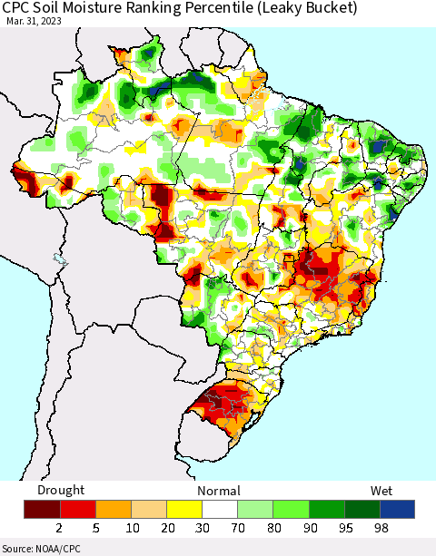 Brazil CPC Soil Moisture Ranking Percentile (Leaky Bucket) Thematic Map For 3/26/2023 - 3/31/2023