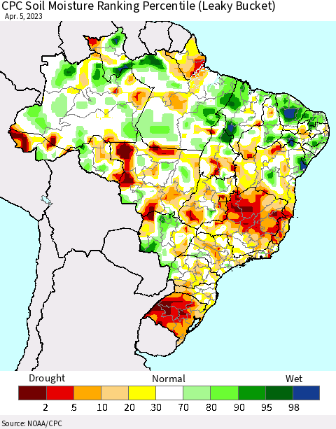 Brazil CPC Soil Moisture Ranking Percentile (Leaky Bucket) Thematic Map For 4/1/2023 - 4/5/2023