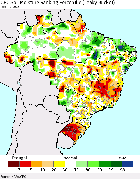Brazil CPC Soil Moisture Ranking Percentile (Leaky Bucket) Thematic Map For 4/6/2023 - 4/10/2023