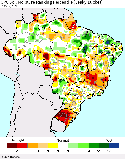 Brazil CPC Soil Moisture Ranking Percentile (Leaky Bucket) Thematic Map For 4/11/2023 - 4/15/2023