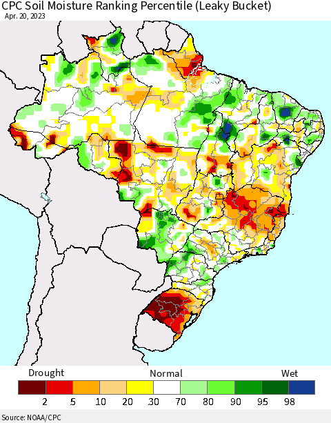 Brazil CPC Soil Moisture Ranking Percentile (Leaky Bucket) Thematic Map For 4/16/2023 - 4/20/2023