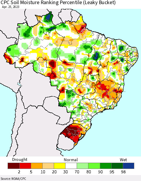 Brazil CPC Soil Moisture Ranking Percentile (Leaky Bucket) Thematic Map For 4/21/2023 - 4/25/2023