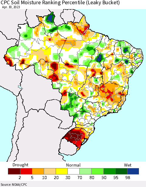 Brazil CPC Soil Moisture Ranking Percentile (Leaky Bucket) Thematic Map For 4/26/2023 - 4/30/2023