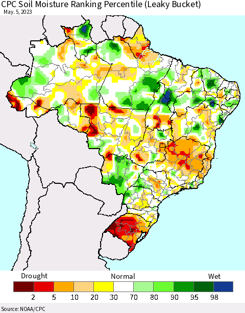 Brazil CPC Soil Moisture Ranking Percentile (Leaky Bucket) Thematic Map For 5/1/2023 - 5/5/2023